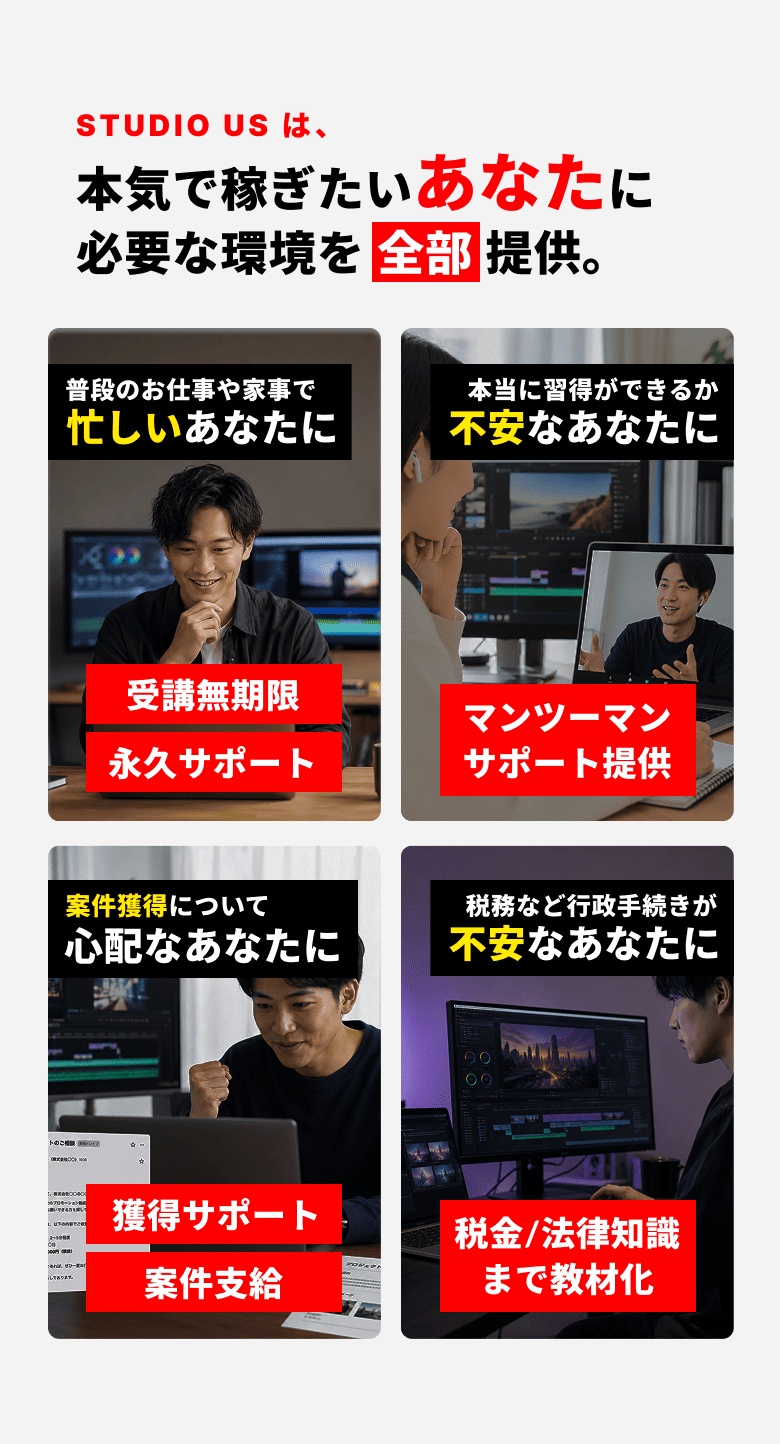 STUDIO USは、本気で稼ぎたいあなたに必要な環境を全部提供